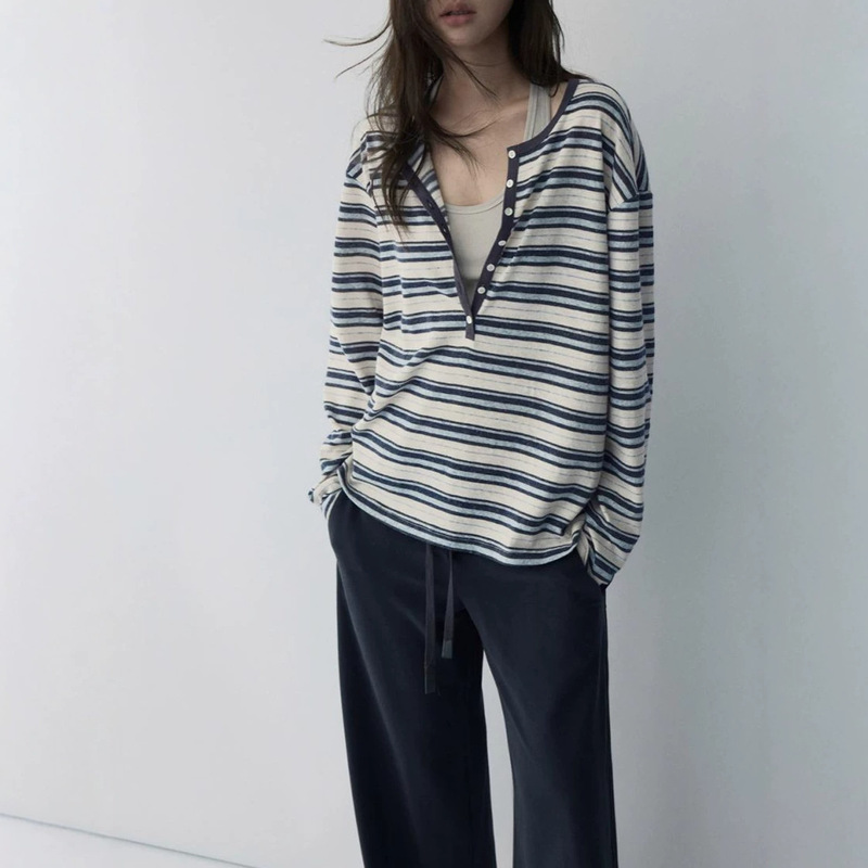 Haveric Sea Salt Crisp-Striped T-Shirt Henry Collar Striped Textured Cotton-Linen Blend Long Sleeve Top Haveric Sea Salt Crisp-Striped T-Shirt Henry Collar Striped Textured Cotton-Linen Blend Long Sleeve Top
