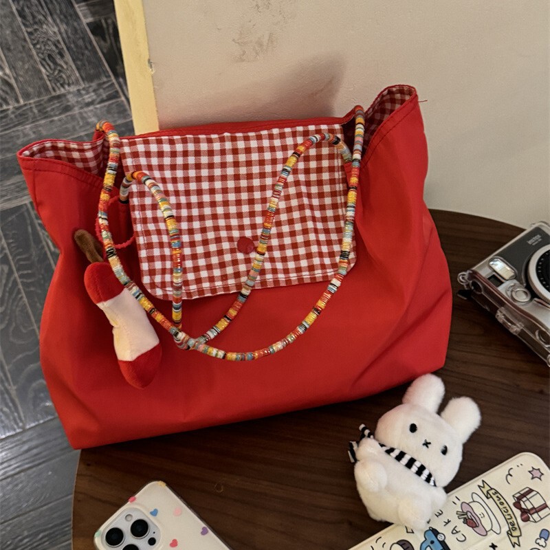 New Super Large Capacity Red Shoulder Portable Plaid Canvas Bag Versatile Student Commuting Casual Tote Bag for Women