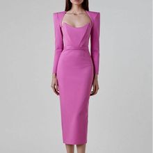 速卖通4色时尚垫肩性感低胸收腰亮粉色连衣裙优雅气质绷带礼服