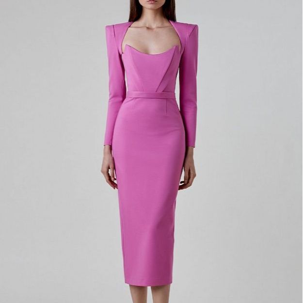 AliExpress 4 Color Fashion Pad Shoulder Sexy Low-cut Waist Bright Pink Dress Elegant Elegant Bandage Dress