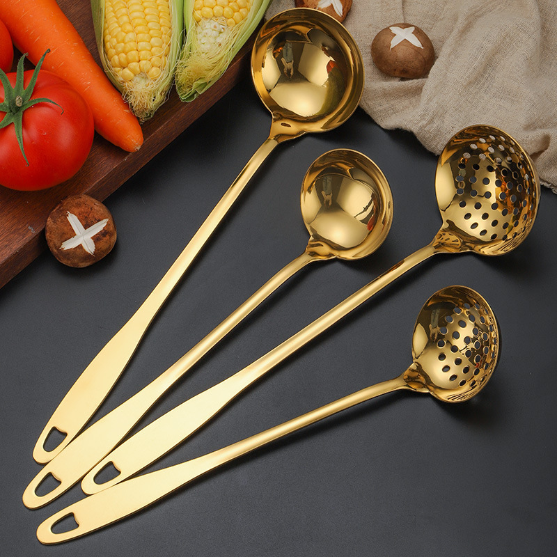 Exquisite Stainless Steel Hot Pot Spoon, Thickened Long-Handled Soup Spoon, Anti-Scalding Household Soup Ladle with Holes, Kitchen Cooking Strainer Set