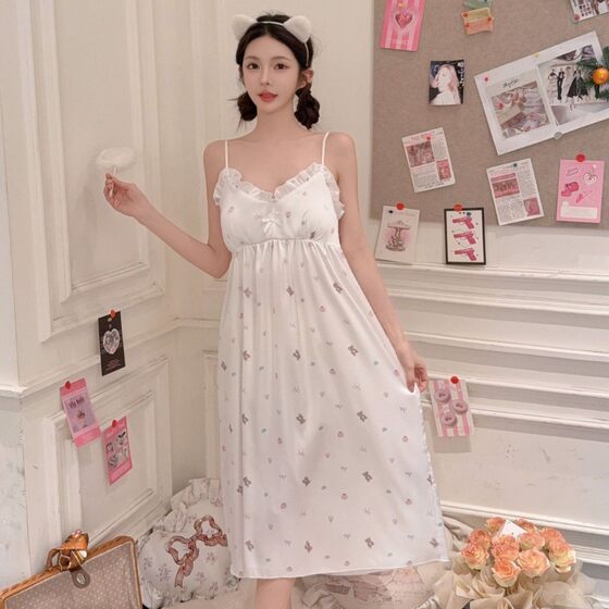 Girl Style Pajamas Long Sling Nightgown Women's Sweet Girl Loose Pajamas Ice Silk Thin Home Clothes Sweet Cartoon