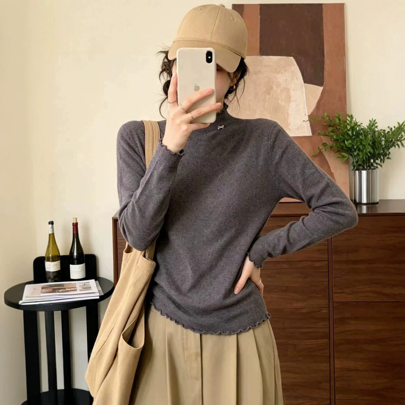 Ruffled Trim Semi-High Collar Knitted Base Shirt, New Women's Shimmering Soft Slim-Fit Long-Sleeve Top Ruffled Trim Semi-High Collar Knitted Base Shirt, New Women's Shimmering Soft Slim-Fit Long-Sleeve Top