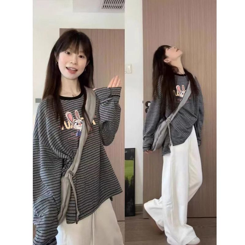 黑色纯棉条纹长袖T恤女秋冬2025新款洋气宽松慵懒风圆领百搭上衣|undefined
