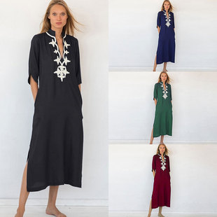 European and American New Rayon Embroidered Long Skirt Beach Outwear Seaside Vacation Robe Bikini Long Cover-Up Dress for Women