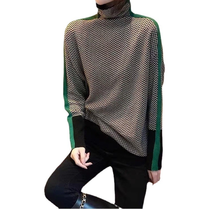 Suéter de cuello alto con rayas y patchwork estilo casual para mujer, jersey holgado de punto para primavera y otoño 2026, manga larga adelgazante.