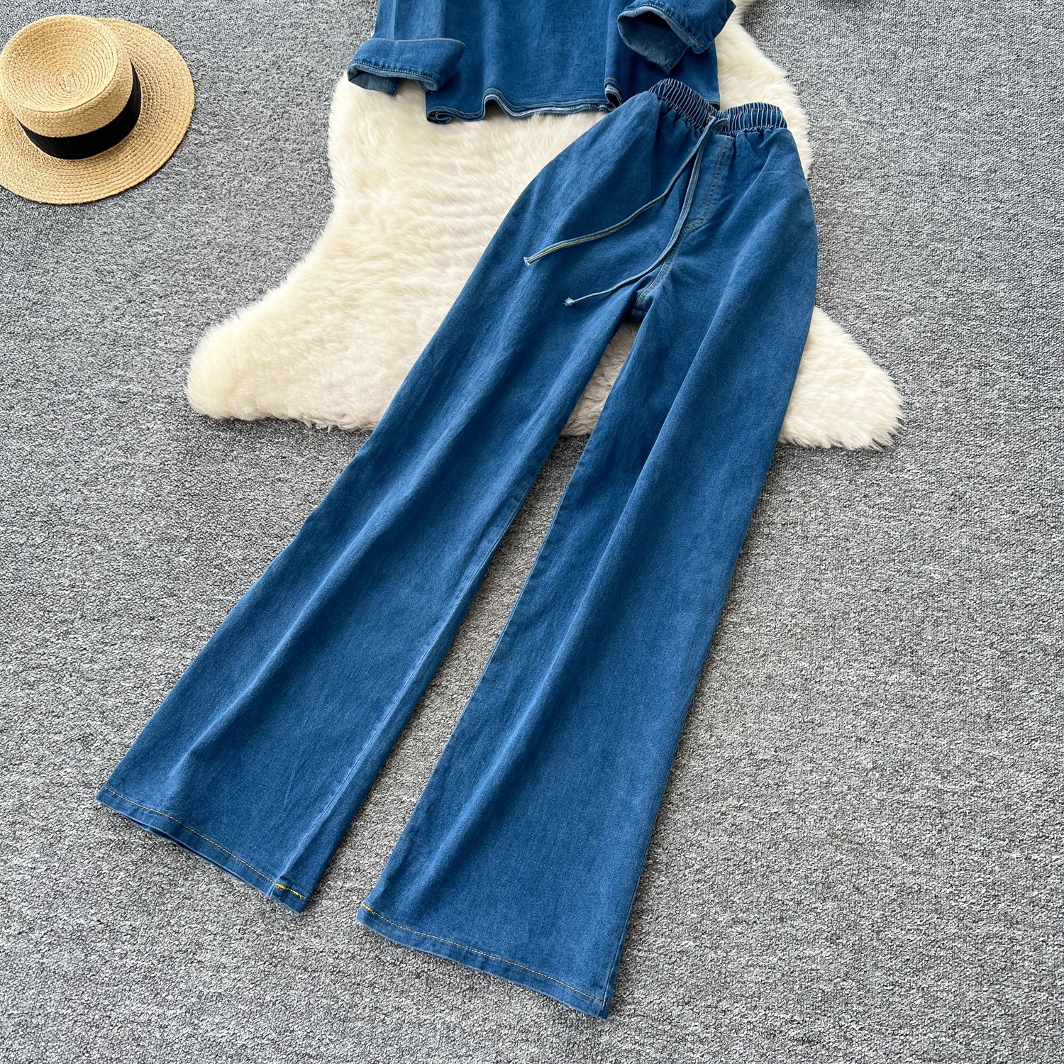 Women's Retro High-Waisted Wide-Leg Denim Pants Set With Long Sleeves Casual Autumn Fashion Top And Bottom Piece_ecoleips.com