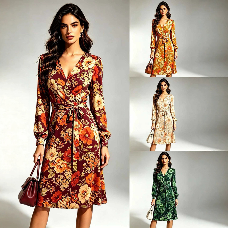 2027 cross-border European and American autumn/winter new women's V-neck wrap print dress long sleeve waist-cinching elegant midi dress 2027 cross-border European and American autumn/winter new women's V-neck wrap print dress long sleeve waist-cinching elegant midi dress