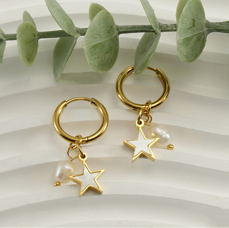 8g Weight PVD Coated Gold Plating Process 1 Pair Fashion Star Plating 304 Stainless Steel Shell 18K Gold Plated Stainless Steel Earrings