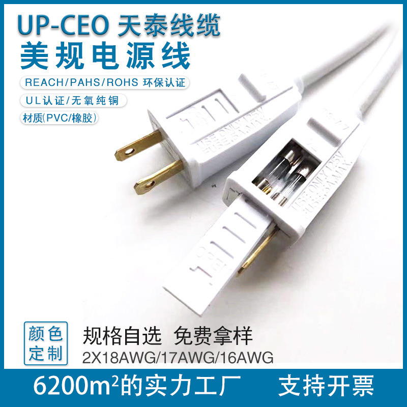 工厂直供 白色美规美标二芯极性大小片带双保险丝插头电源线