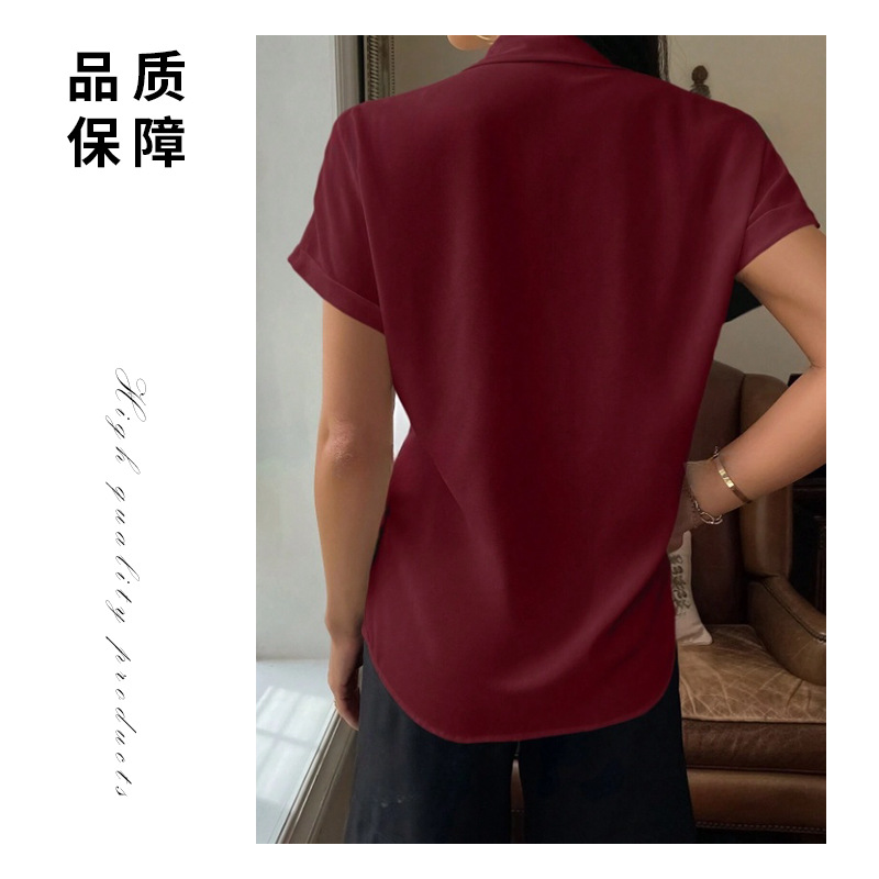 Camisa satinada con cuello en v para mujer, europea y americana, ropa de mujer transfronteriza, satén de color sólido de manga corta, nueva camisa satinada con botones casuales
