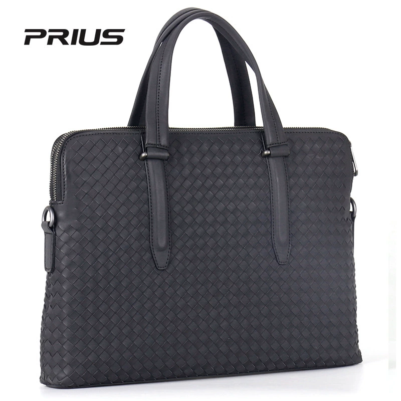 Prius brand 25 men's leather briefcase oil wax leather woven document bag double-zippered computer bag business man bag