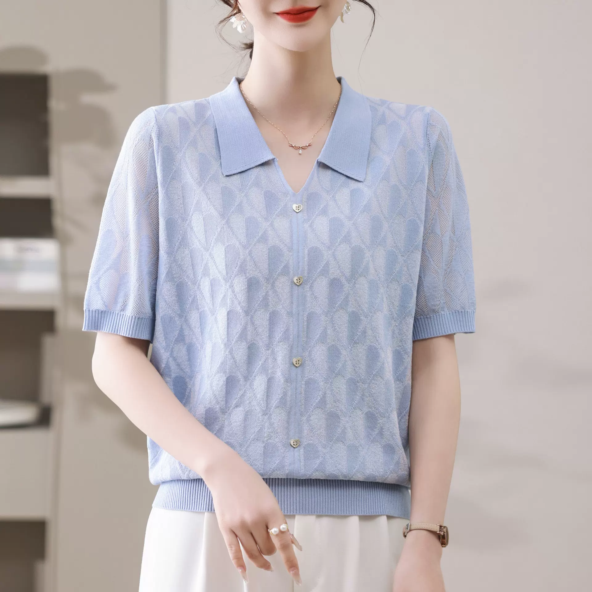 [源头工厂] 时尚爱心短袖夏季针织衫 减龄小翻领加亮丝洋气妈妈装