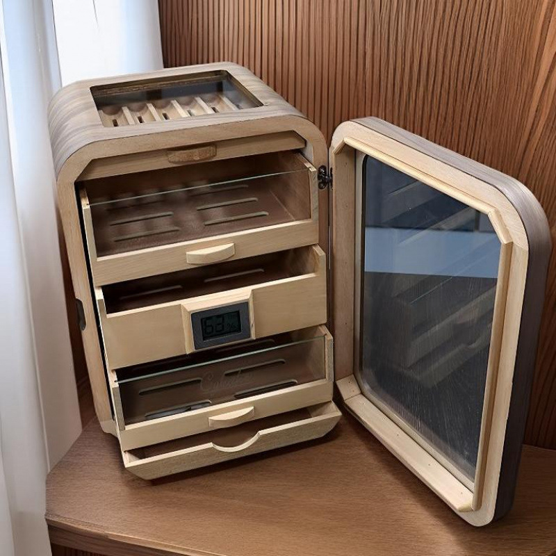 Fashion Moisture Cabinet Mini Black Walnut Cigar Cabinet Light Luxury Multi-Layer Spanish Cedar Wood Cigar Moisture Cabinet