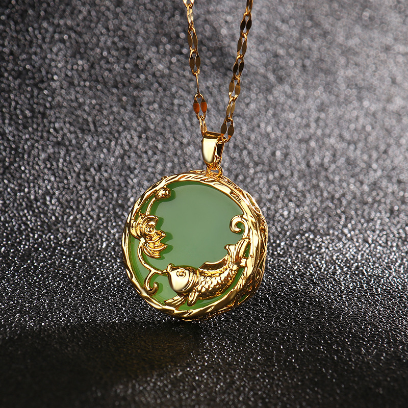 Titanium Steel Pendant Material Wholesale Jewelry Chinoiserie Classic Style Round Koi Titanium Steel Stone Polishing Inlay Pendant Necklace