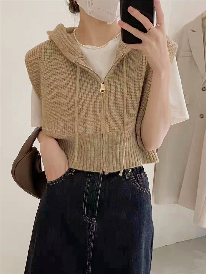 Retro chaleco encapuchado de hombro de punto Cardigan corto de mujer outer vestir otoño nuevo suéter suelto sin mangas abrigo