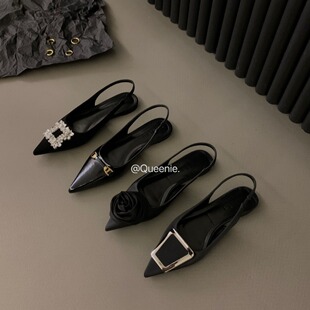French Flats Black Toe-Toe Sandals Fairy Shoes 2023 New Spring and Summer Pointed Toe Rhinestone Elegant Shoes