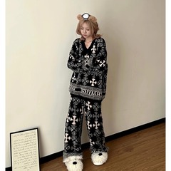 复古波西米亚半边绒睡衣女款2025新款冬季加厚毛绒针织家居服套装