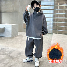 儿童装男童秋冬加绒连帽大卫衣套装大童冬装男孩帅酷一体绒两件套
