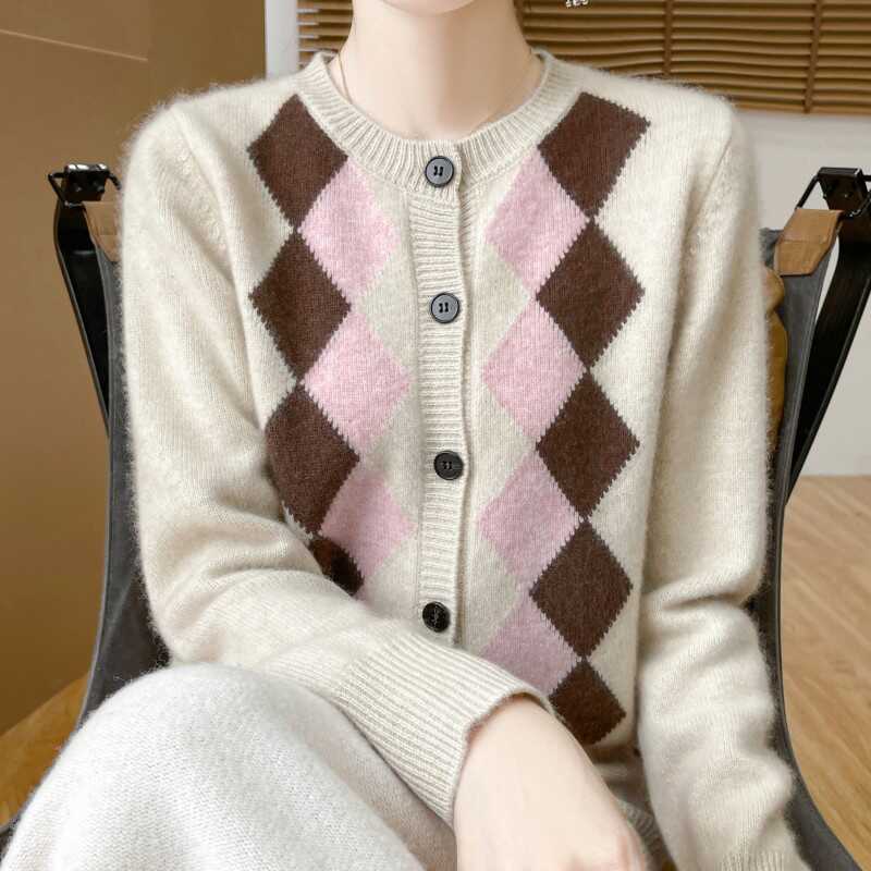 复古慵懒风菱格毛衣开衫女秋冬软糯学院风撞色格纹针织衫外套