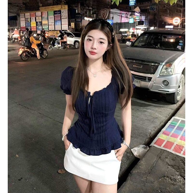 Plus Size Summer New Fat French Korean Retro Lace Puff Sleeve Shirt Women's Design Trendy Top