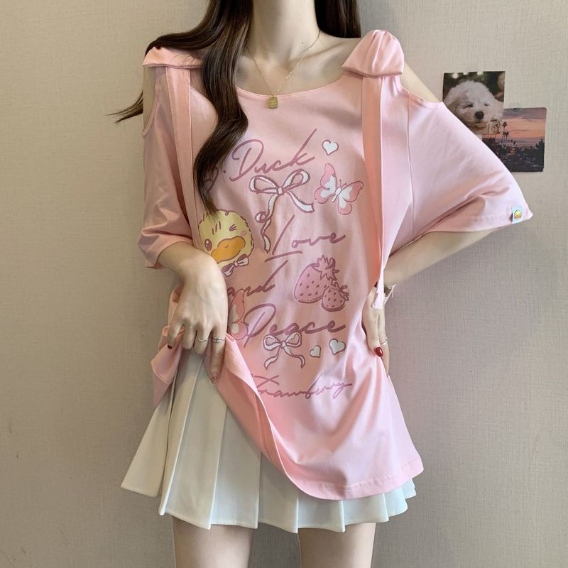 大きいサイズのリボンオフショルダー黒半袖Tシャツ女性用2025年夏新作ファットmmルーズスリミングトップ|undefined