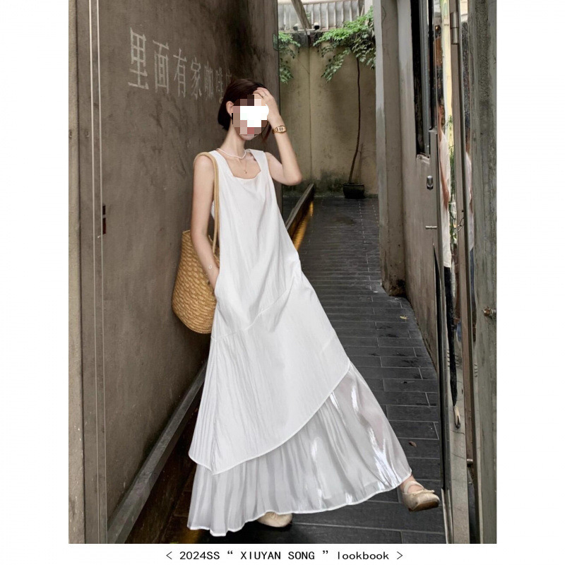 Blue Sleeveless Vest Dress for Women Summer French Style High-End Seaside Vacation Long Dress