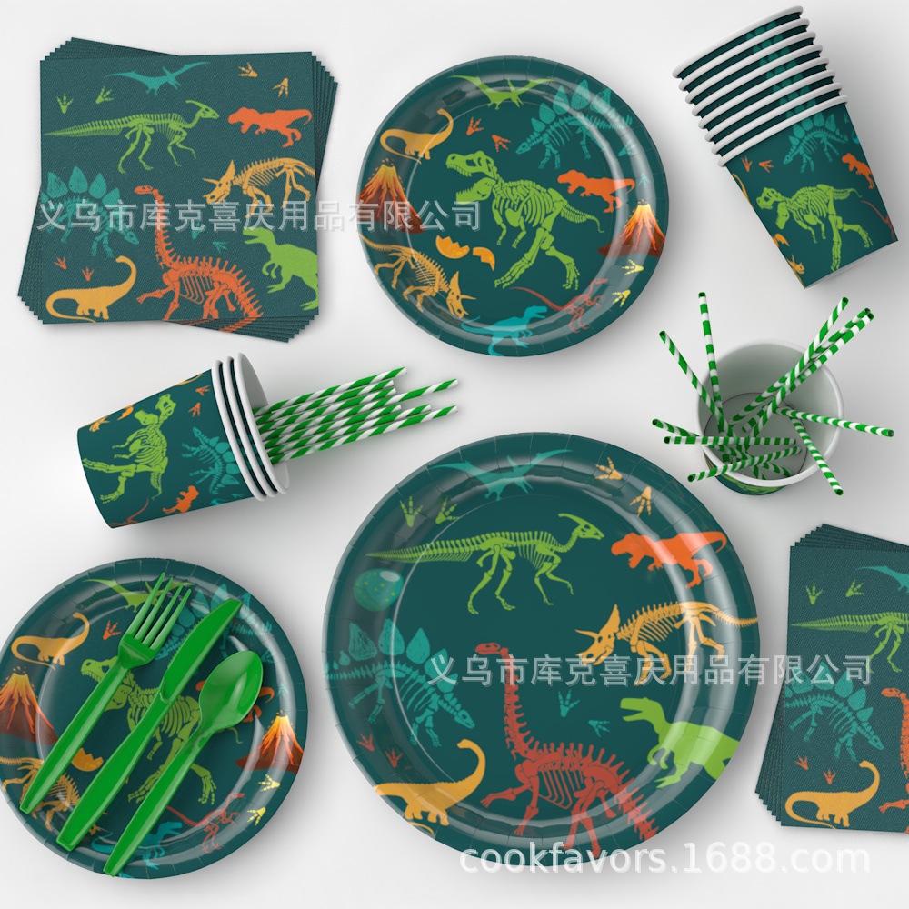 Dinosaurios fósiles transfronterizos tema de fiesta de cumpleaños decoraciones bandeja de papel de cumpleaños para niños tazas de papel toallas de papel set de cubiertos