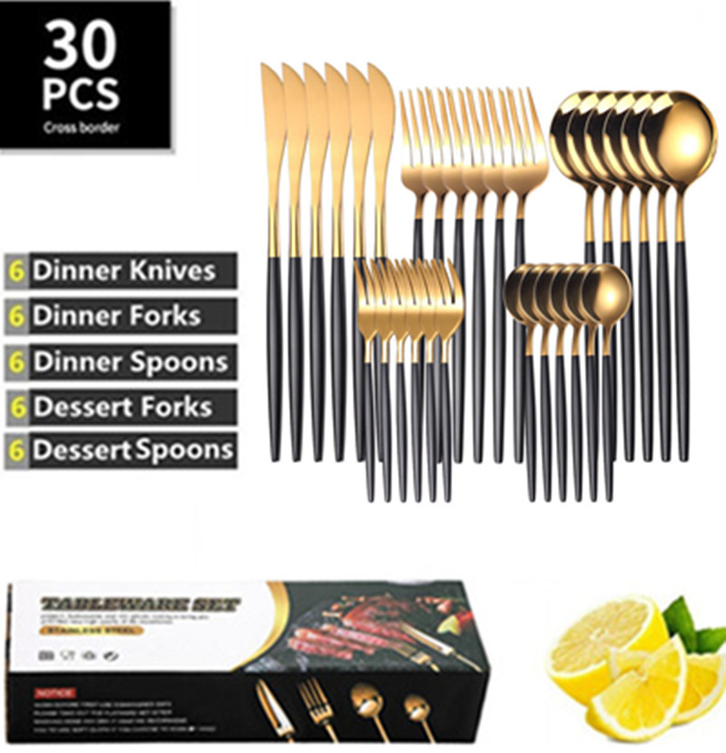 Suministro transfronterizo de vajilla de acero inoxidable Portugal 30 piezas traje chapado en oro Occidental cuchillo de carne, tenedor y cuchara caja de regalo traje