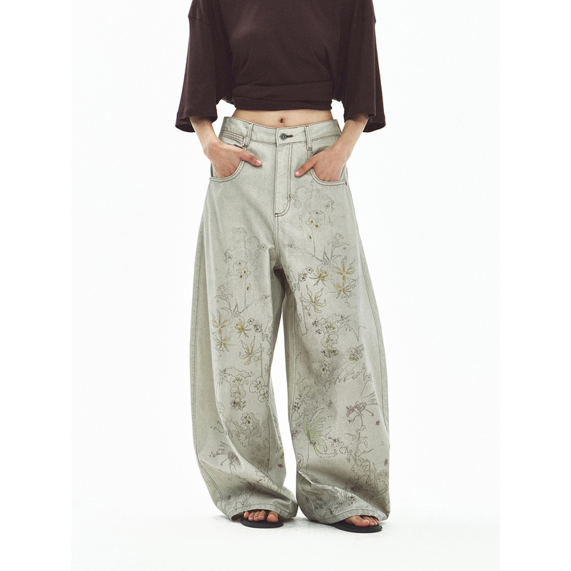 【Time Label Black】New Trendy Digital Print Cocoon-Shaped Loose Wide-Leg Pure Cotton Gray Jeans V60431