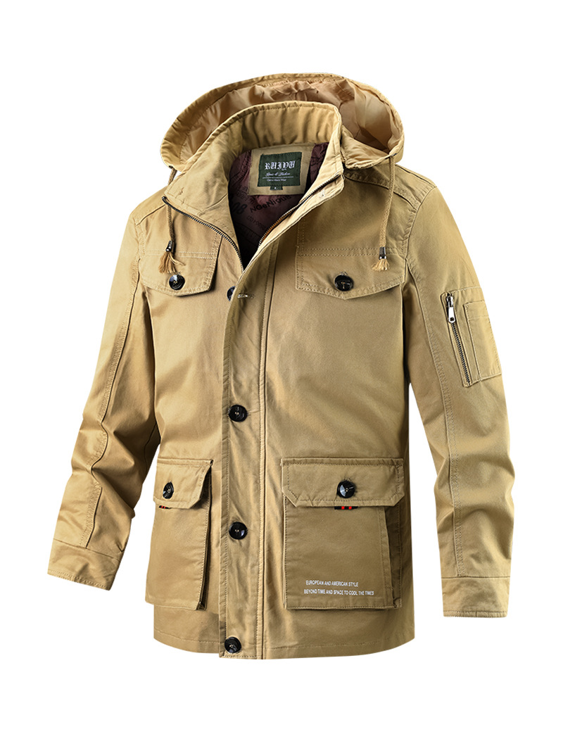 Suministro exclusivo transfronterizo de chaquetas para hombre, nuevo estilo de primavera y otoño, cuello alto, casual, capucha desmontable, talla grande, longitud media, tejido de algodón puro.
