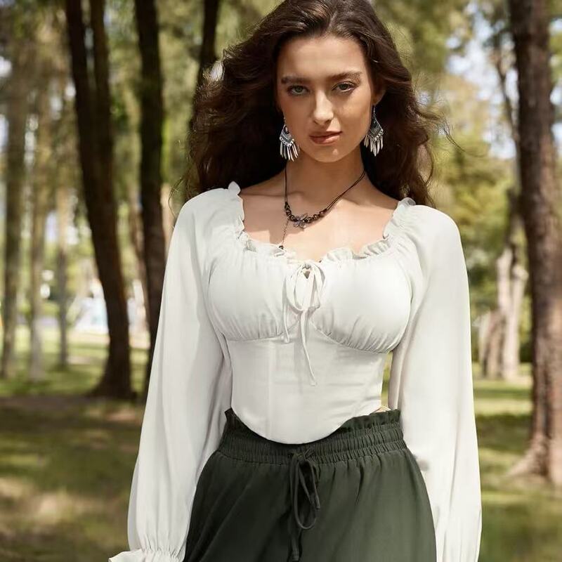 Summer Square-Neck Ruffled Long-Sleeve Top European and American Cross-Border Women's Lace-Up Elastic Slim-Fit Stylish Short Base Shirt