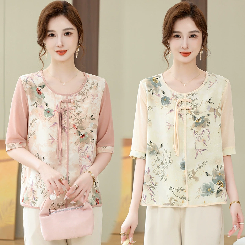 Женская одежда 2025, рубашка весна-осень, новый стиль, свободные топы для женщин среднего и пожилого возраста, модные рубашки с принтом для пожилых