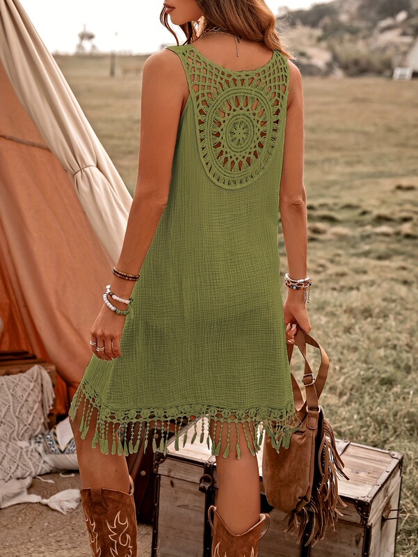 W 23700 Fringe Hem Sleeves Dress Fringed Dress European and American Cross-Border Fashion