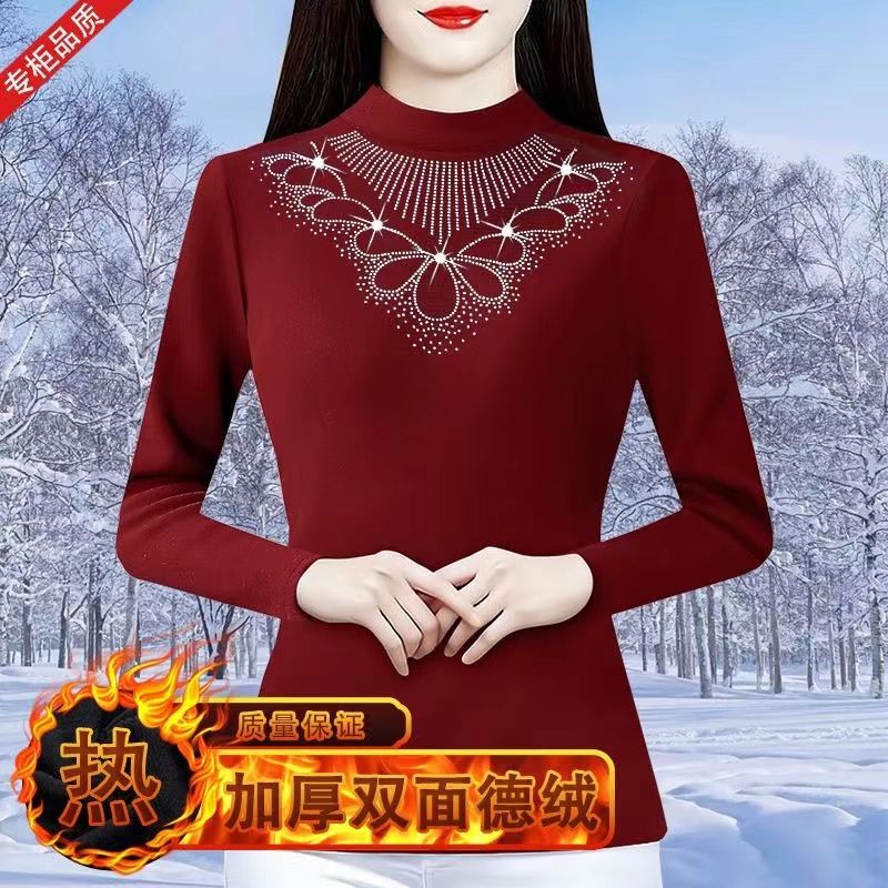 2024秋冬新款妈妈装双面一体德绒打底衫加厚保暖上衣烫钻内搭小衫