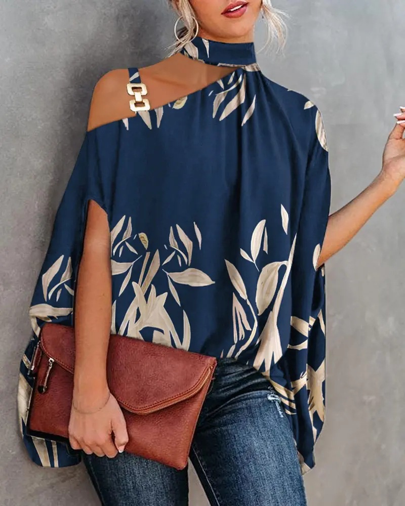 2022 estación independiente deseo Amazon popular verano Halter Batwing manga camisa impresa camisa de las mujeres ropa de mujer