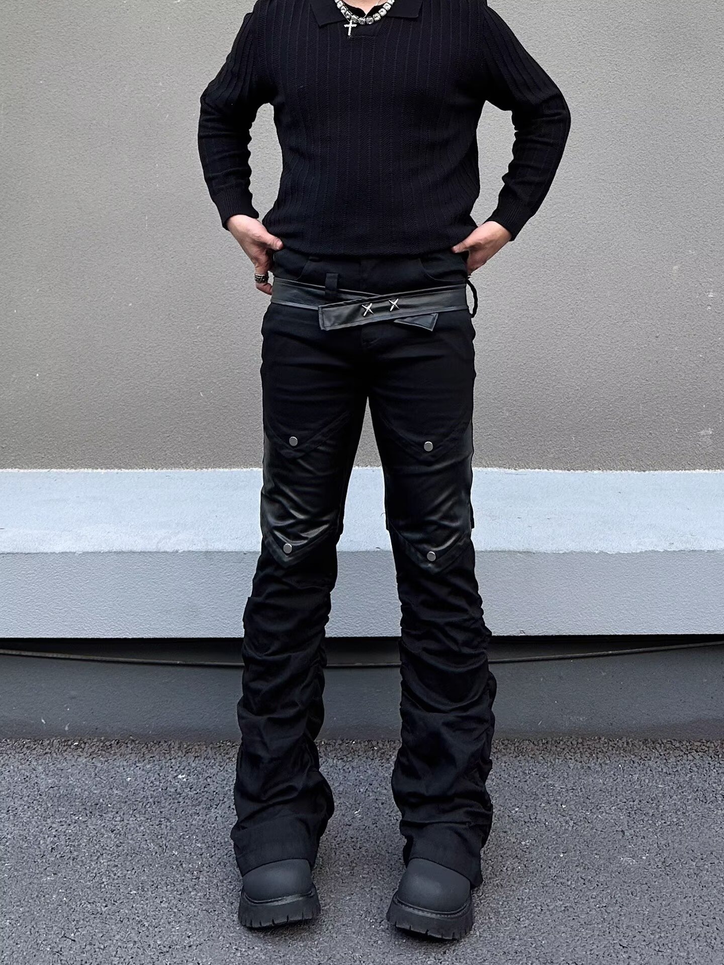 Men's Retro Washed Distressed Cleanfit Jeans Slightly Flared Slimming Black High Street Style American Vibe Curved Pants_mkmklike.com