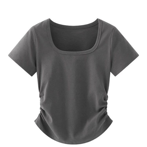 230g ice silk rib   Design, curved wear, slim pleated waist top, slimming, summer short-sleeved women