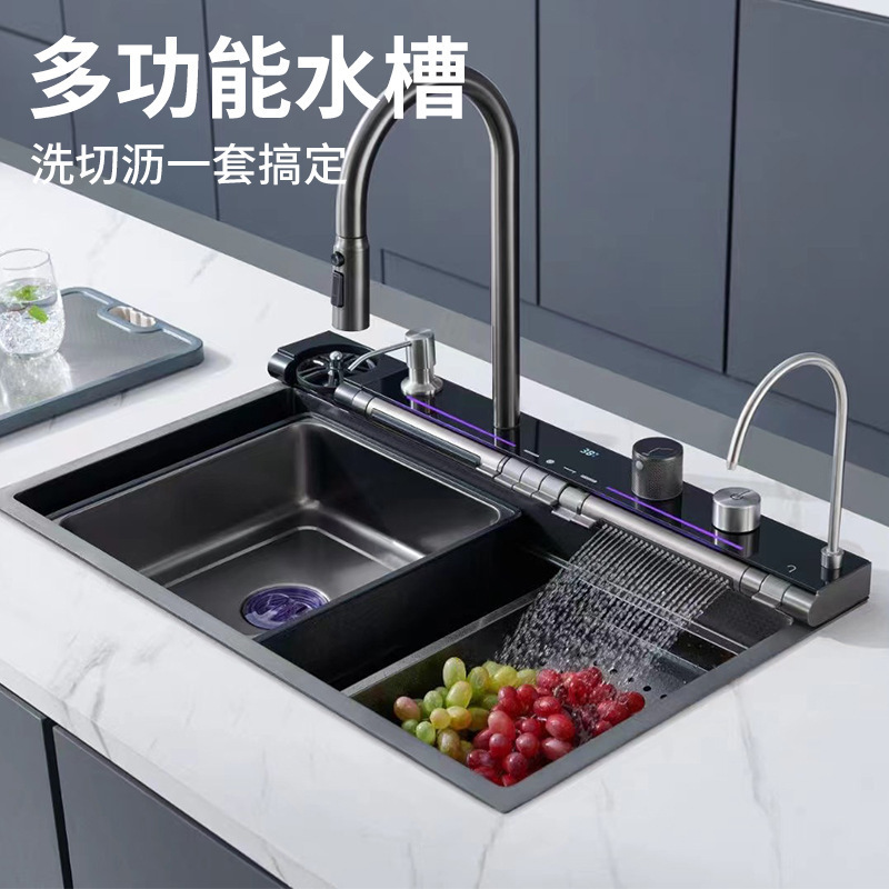 蓝鲸鱼水槽不锈钢水槽304厨房水槽飞雨抽拉瀑布龙头大单槽洗菜盆|undefined