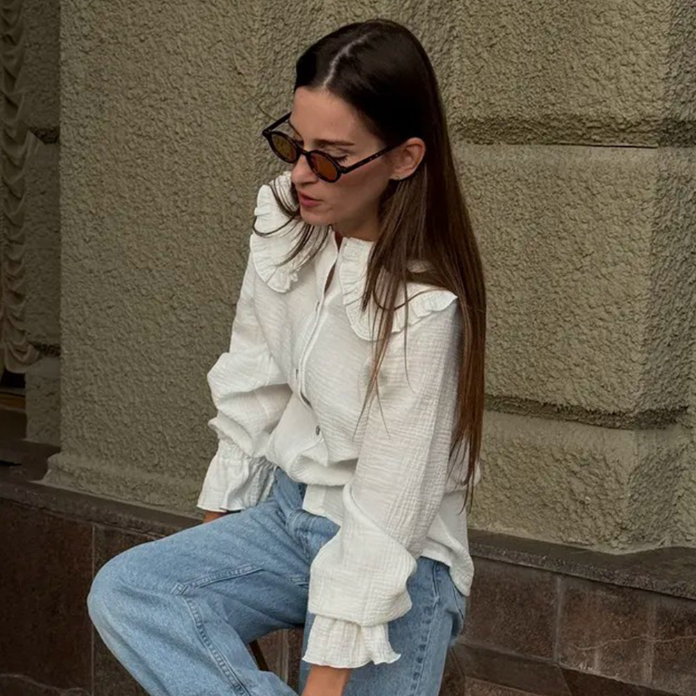 跨境纯棉娃娃领衬衫欧美2025夏季新款荷叶边灯笼袖白色长袖衬衫女
