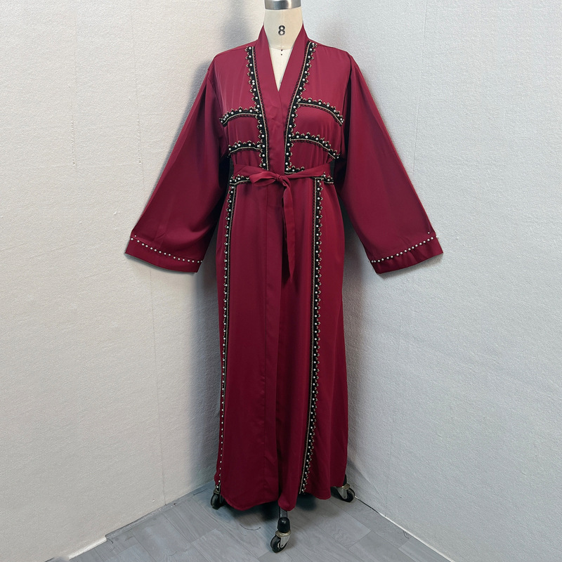 F332 Cross-Border Foreign Trade Women's Long Dress Middle East Dubai Embroidered Lace Pearl Beaded Cardigan Robe In_ecoleips.com