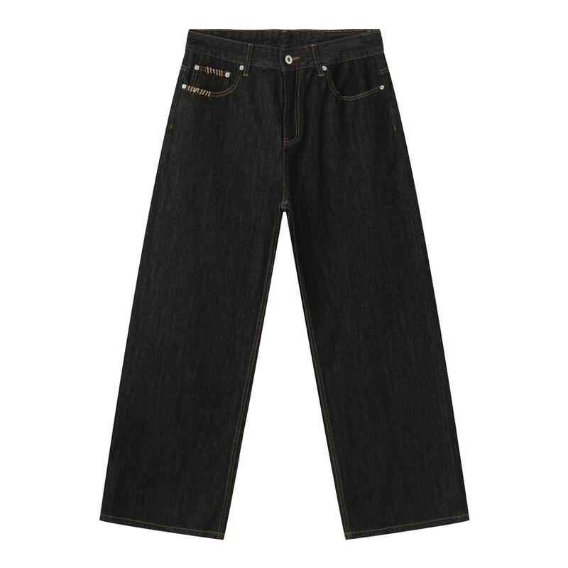 Quần jeans nam dáng rộng ống thẳng màu bò đen nguyên bản, túi thêu họa tiết, lưng giữa — Bò đen sống