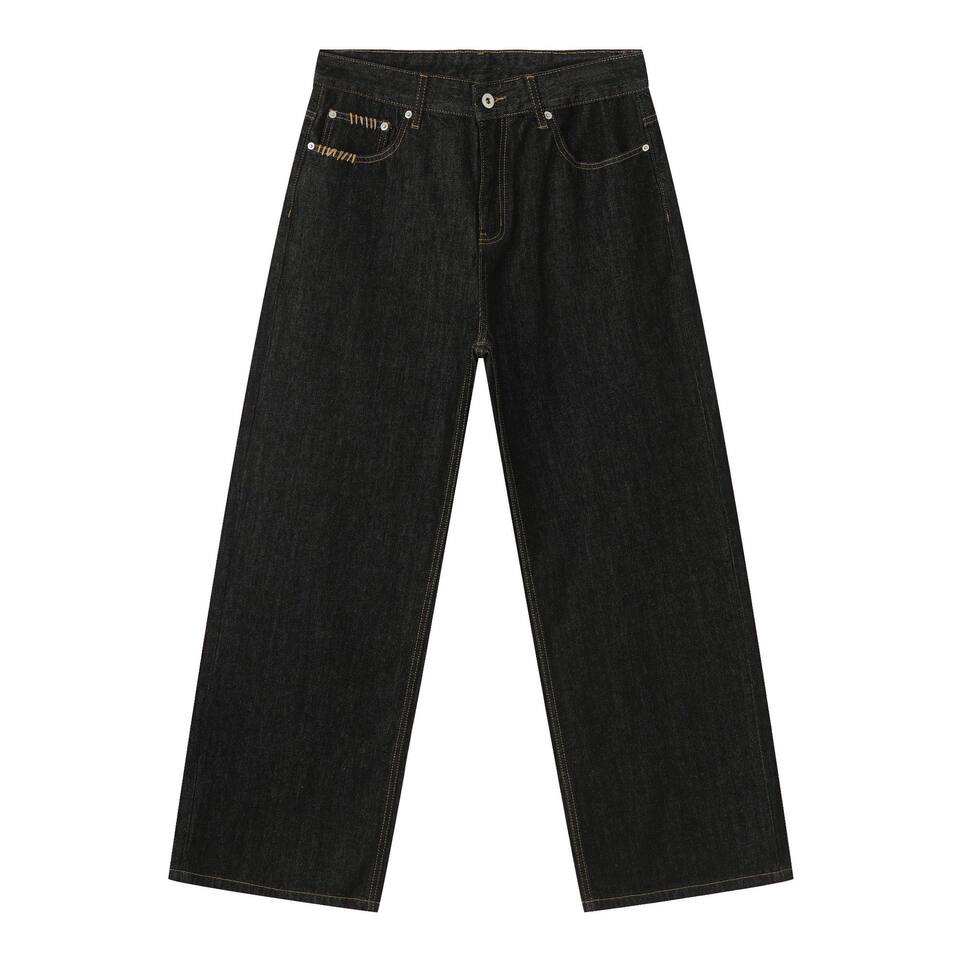 Quần jeans nam dáng rộng ống thẳng màu bò đen nguyên bản, túi thêu họa tiết, lưng giữa — Bò đen sống