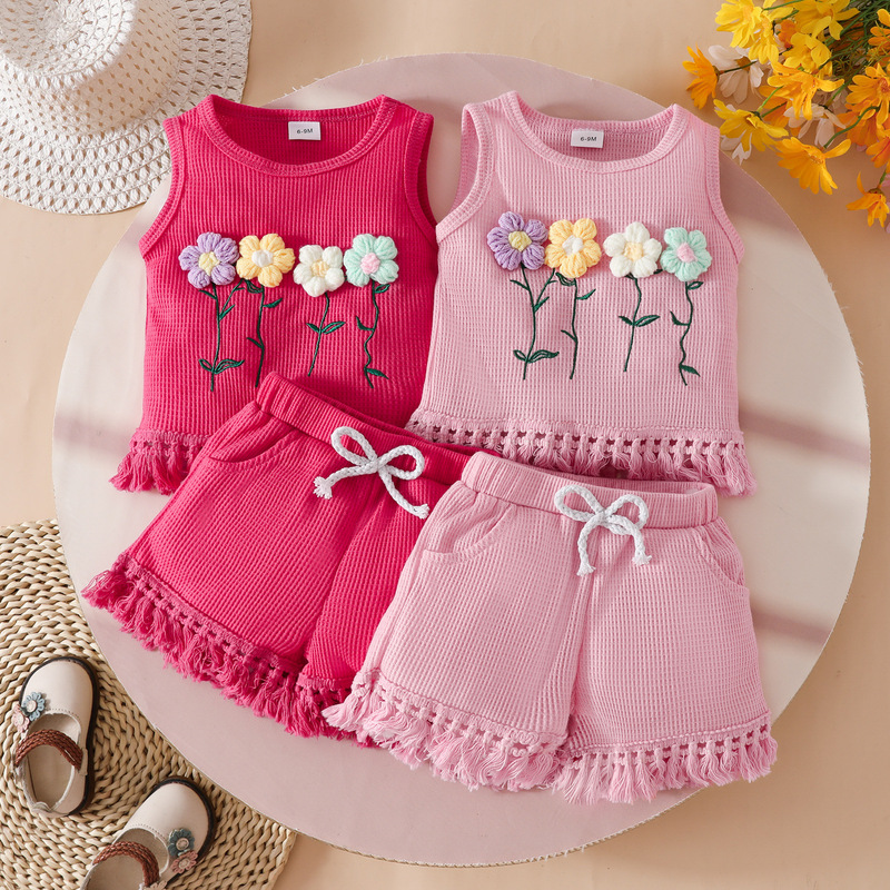 Foreign trade summer baby girl waffle 3D applique sleeveless vest top purse shorts tassel design suit Foreign trade summer baby girl waffle 3D applique sleeveless vest top purse shorts tassel design suit