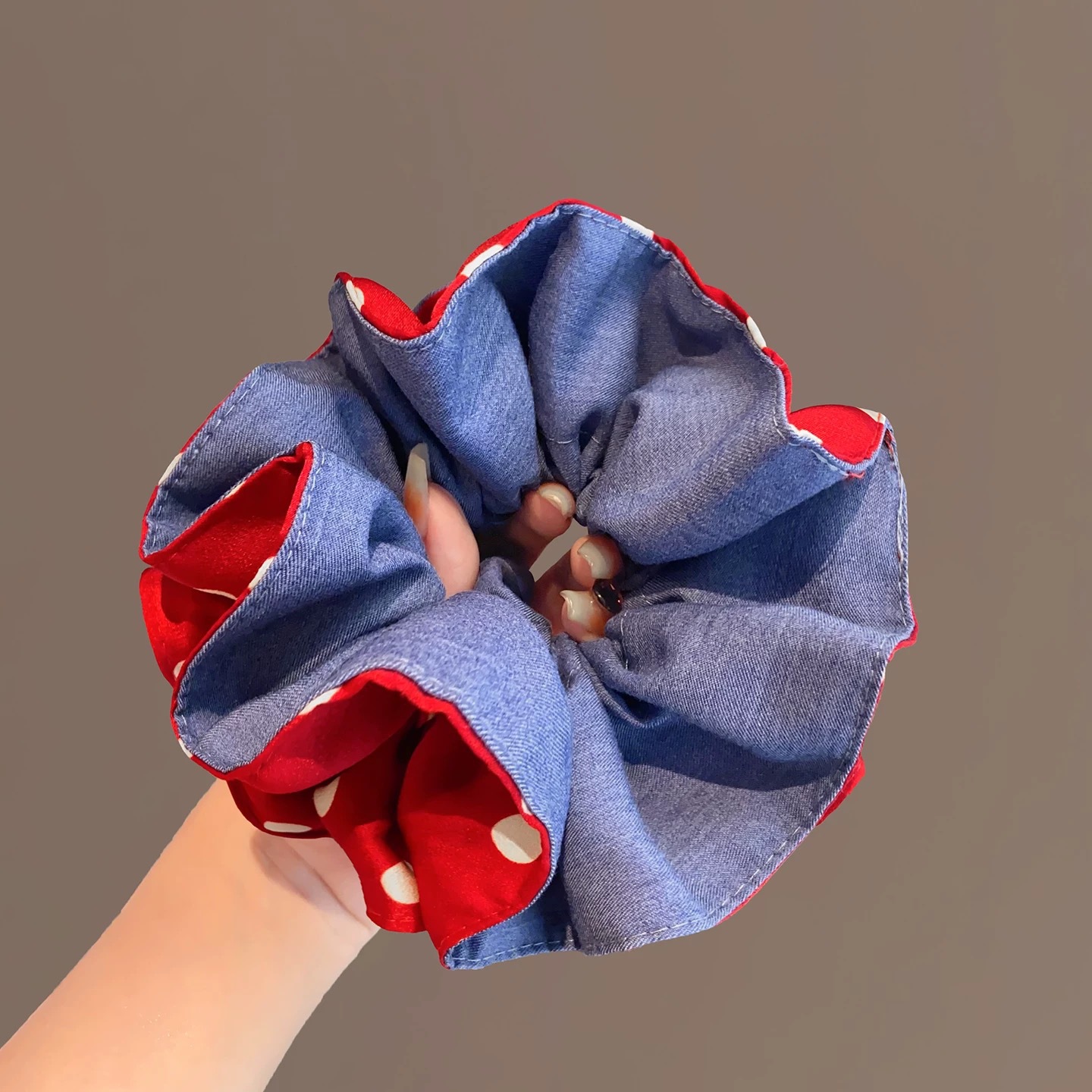 14# red polka dot denim blue ab double layer, approximately 15cm