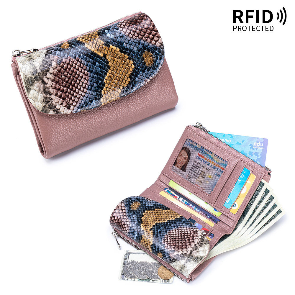 New Genuine Leather Women's Wallet Luxury Large Capacity Tri-fold RFID Soft Leather Snake-print Clutch - Thumbnail 7