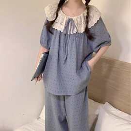 2025春季甜美可爱蕾丝花边娃娃领春夏波点家居服宽松睡衣套装女