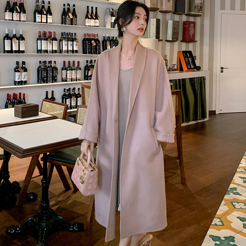 2024 autumn and winter new camel velvet double-sided tweed bathrobe lace-up coat women's atmosphere Korean long wool coat