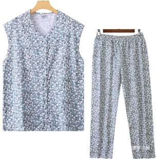 Middle-Aged and Elderly Women's Pure Cotton Cardigan Vest Loose Large Size Thin Pajamas Home Clothes Cut-Sleeve Button Suit Summer