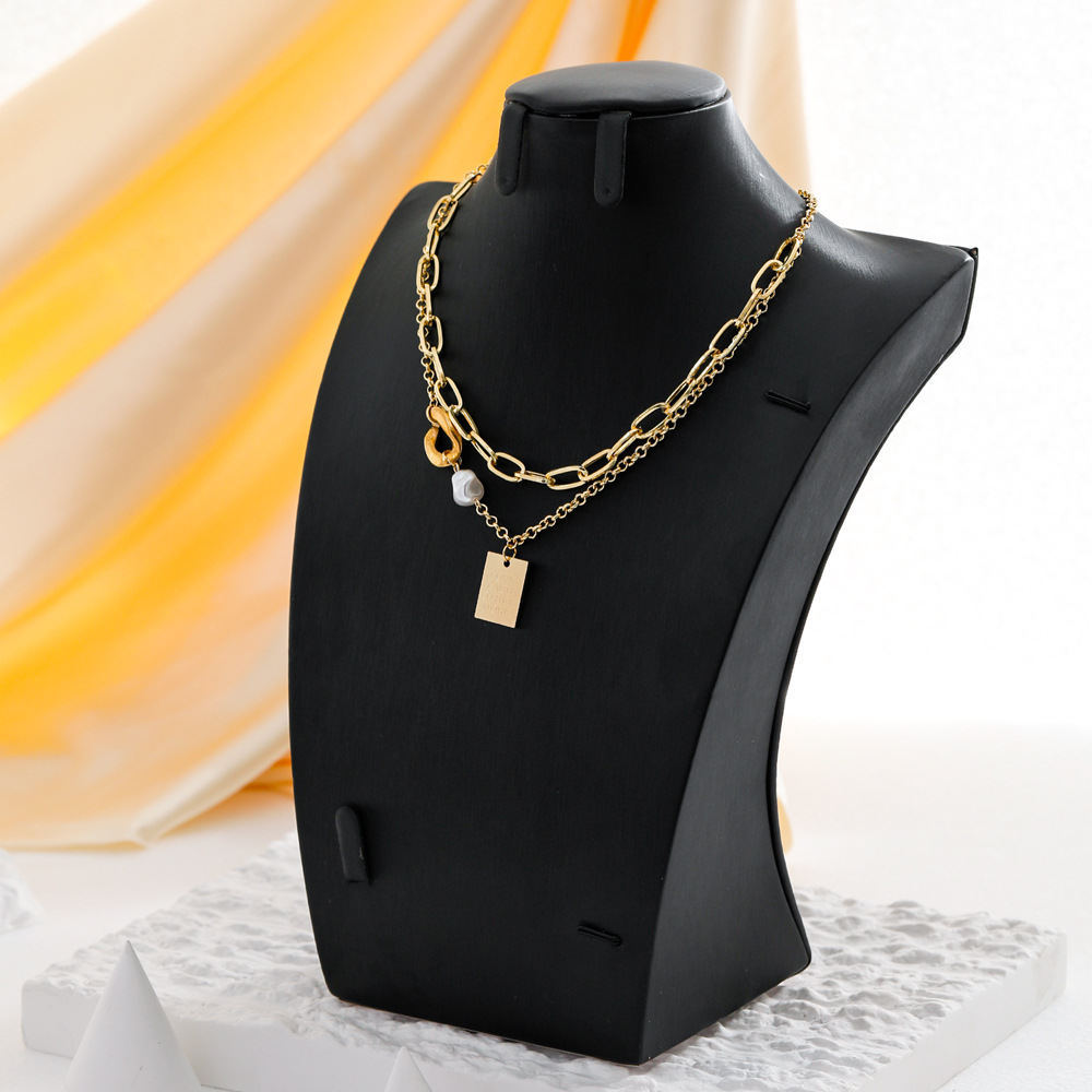 Retro Letter Square Stainless Steel Necklace Plating Artificial Pearls Stainless Steel Necklaces